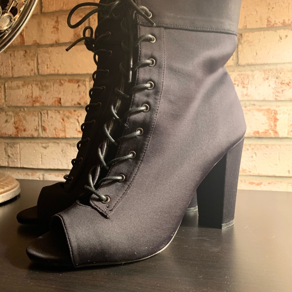 Akira black, lace up open toe shoes